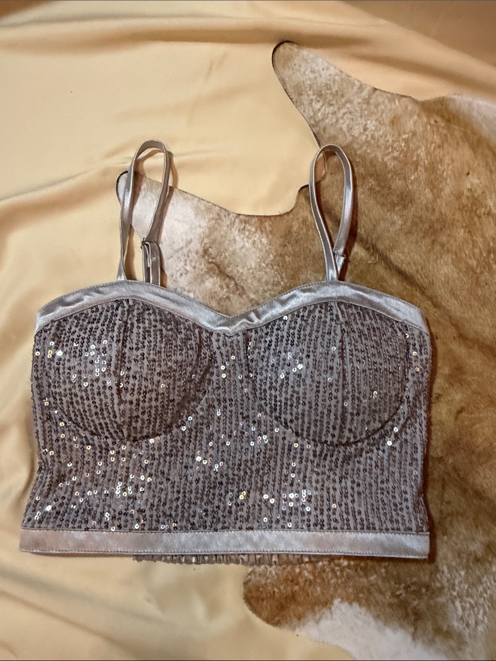 Sequin Satin Bandeau Bralette - Taupe